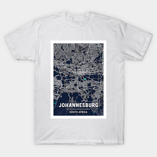 Johannesburg Blue Dark Color City Map T-Shirt by tienstencil